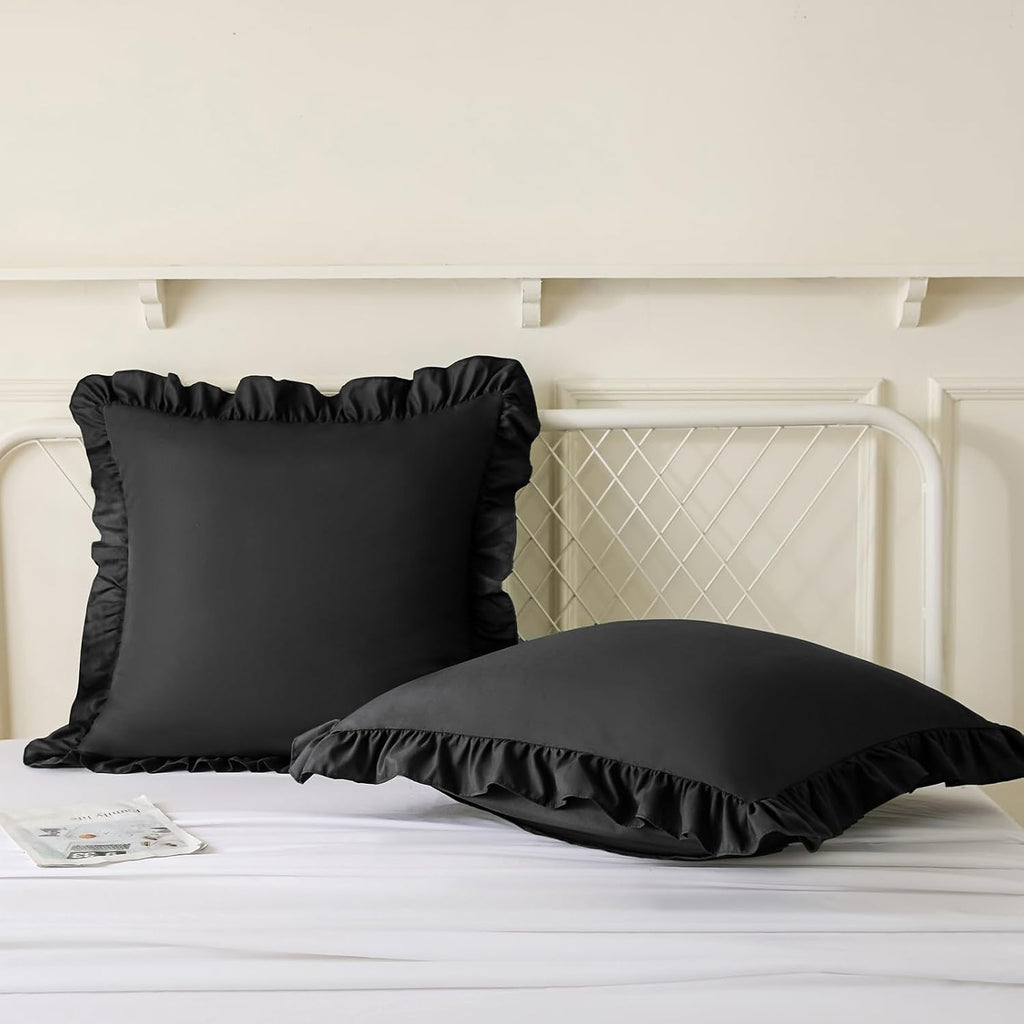 KKJIAF Ruffle Pillow Cases 26x26 Inches, Black Square Ruffled Pillow Covers Set of 2, Microfiber Wrinkle Resistant Pillow Shams with…