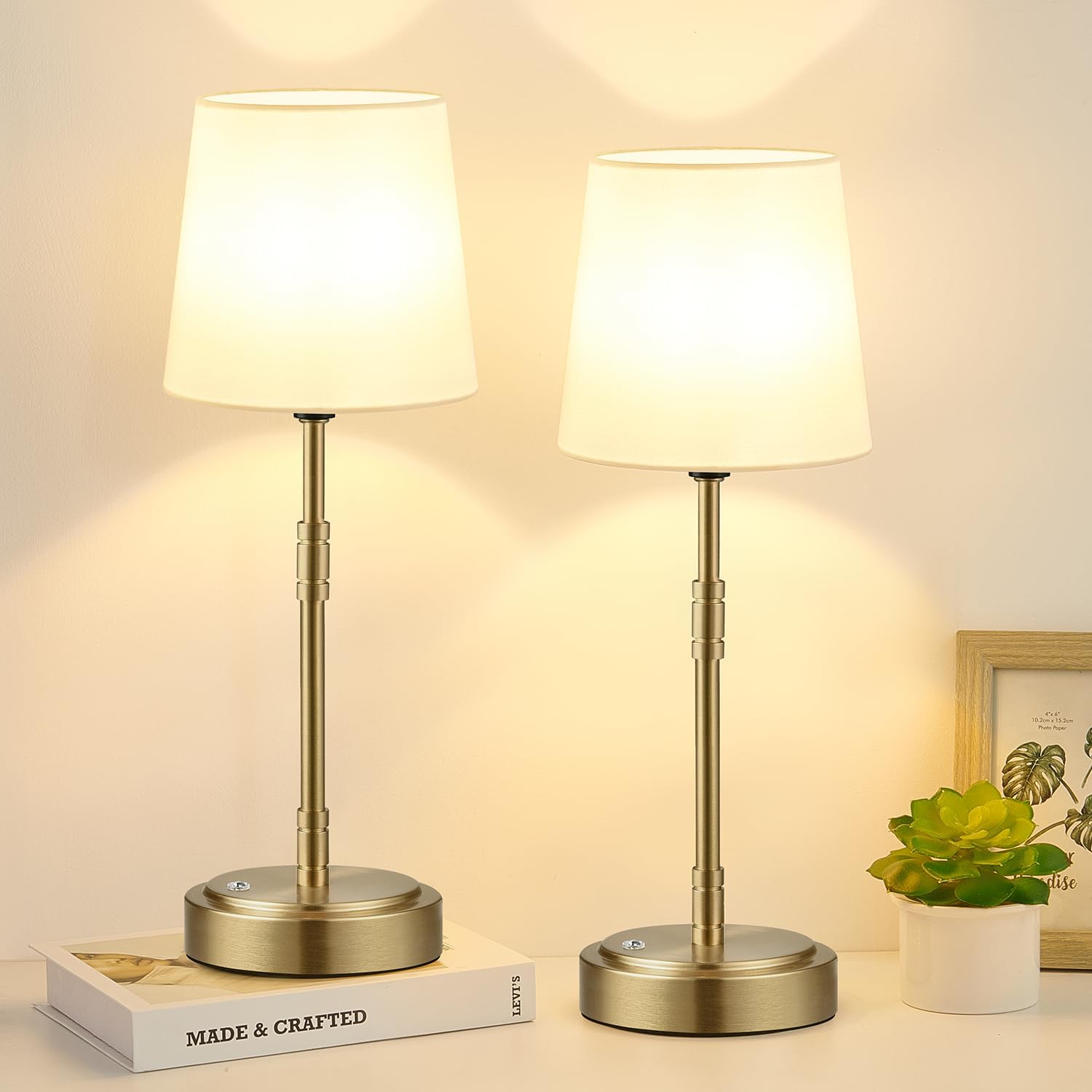 Cordless Table Lamps Set of 2 – Battery Operated Lamp with 7500mAh Rechargeable Battery, Stepless Dimmable Vintage Brass Desk Wireless…