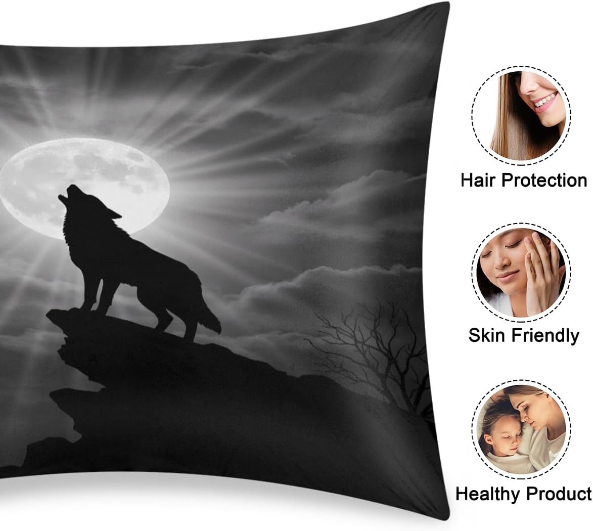 Satin Pillowcase for Hair and Skin, Standard Size Forest Howling Wolf Moon Decorative Pillow Sham with Envelope Closure Pillow Cover for…