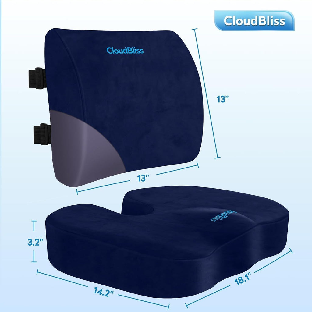 CloudBliss Lumbar Support Pillow & Seat Cushion Set for Office Chair, Desk Chair, Wheelchair & Car – Memory Foam Back Support, Ergonomic Ch…