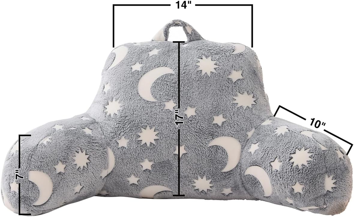 Holawakaka Glow in The Dark Reading Pillow for Sitting up in Bed Sofa Kids Teens, Luminous Moon Stars Backrest Pillow with Arms for Boys…