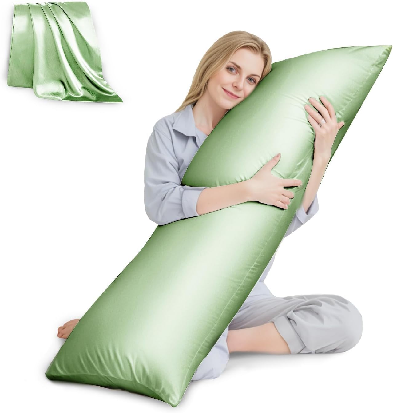 Huxmeyson Body Pillow with Satin Pillowcase, Body Pillow for Adults, Removable Cover, Green (20"x54") Green