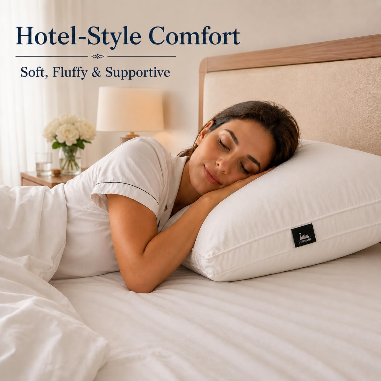 Set of 2 Standard Size Down Pillows - Goose Feather & Down Blend Pillows 440 Fill Power, 100% Cotton Cover, Hypoallergenic, Medium Support