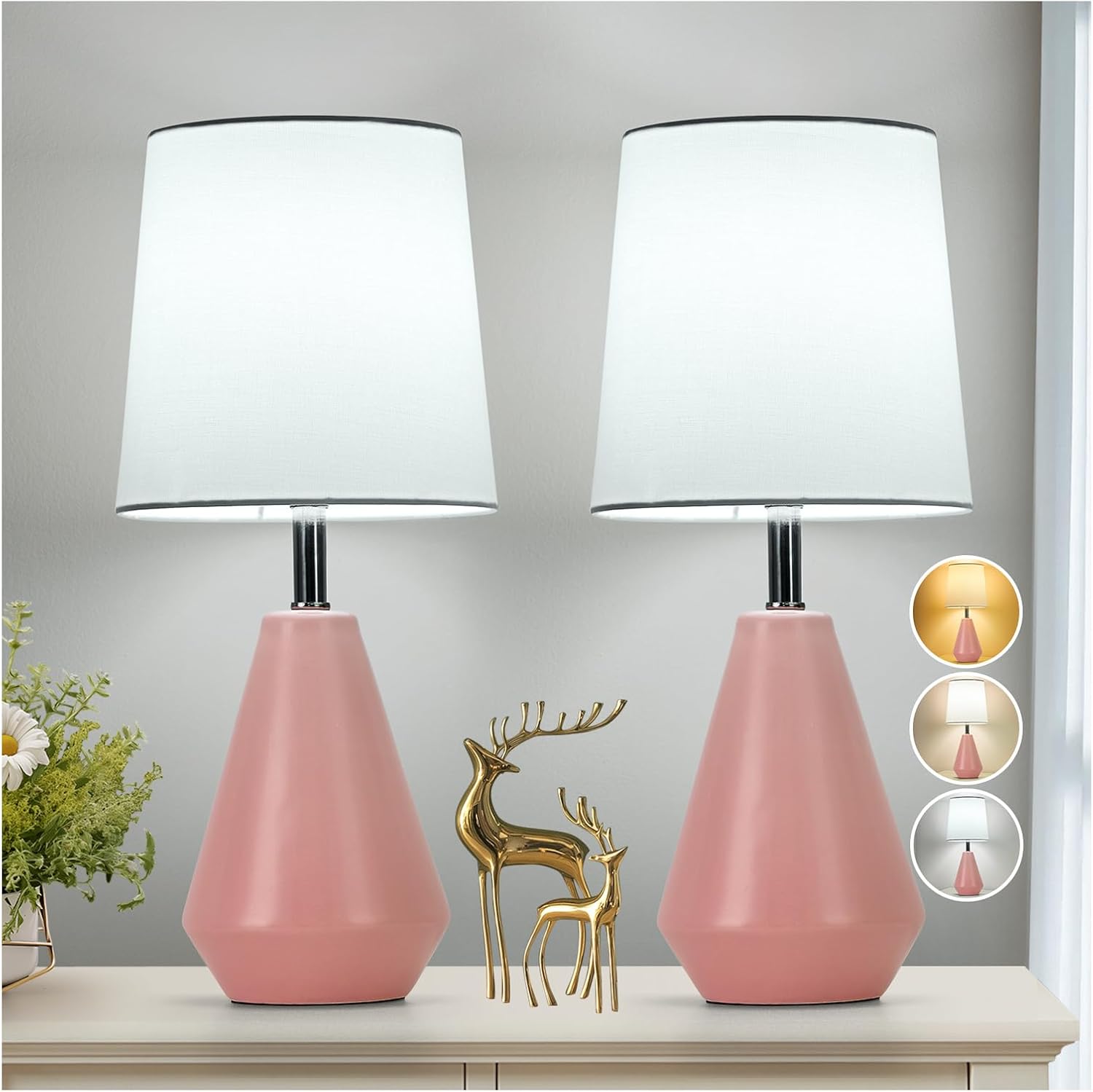 Small Bedside Table Lamp for Bedroom-Reading Desk Lamp Set of 2, with 3 Color Temperatures,15.5" Nightstand Ceramic Lamp with Fabric Shade…