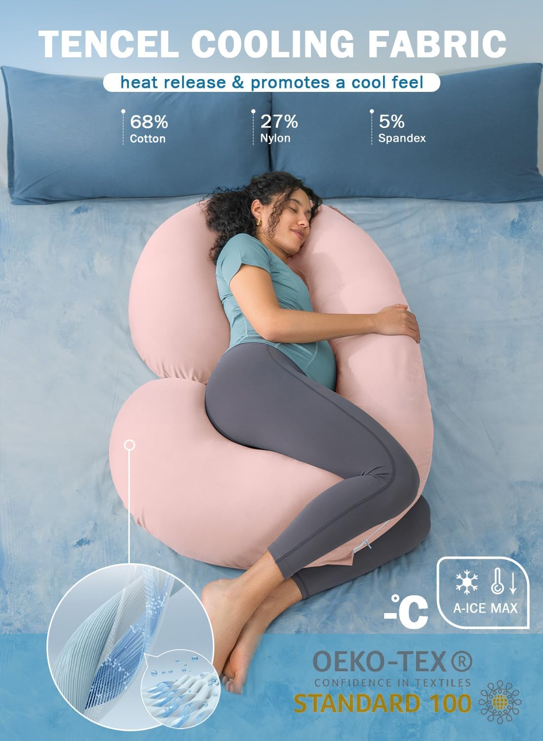INSEN Cooling Pregnancy Pillow, Maternity Pillow with Soft Cotton Cover, C Shaped Pregnant Women and Side Sleeping, Bright Pink