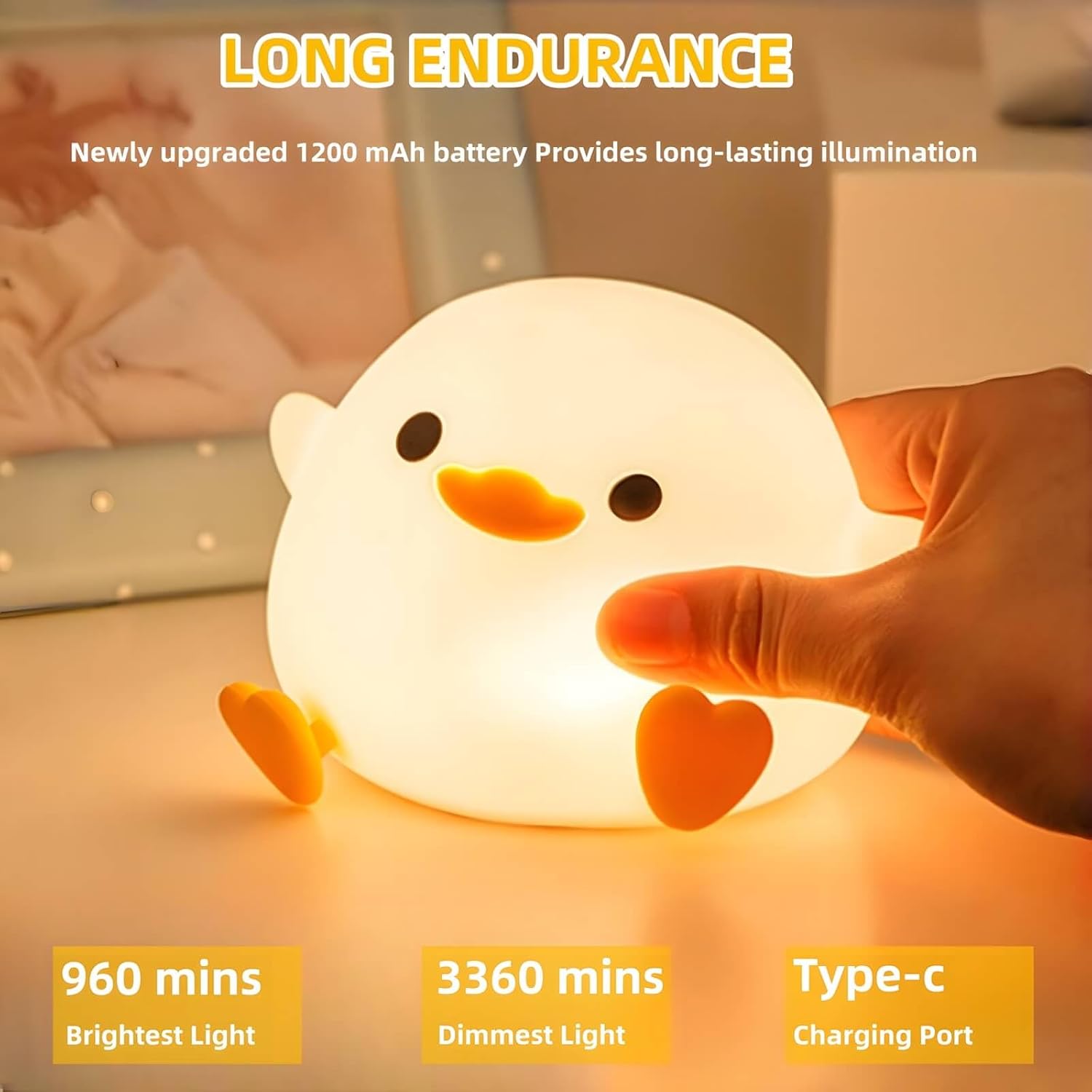 Dodo Duck Night Light, 50Hrs Duck Lamp Squishy, Tap Control 2 Brightness, 20Min Auto-Off, Rechargeable Animal Night Light for Kids…