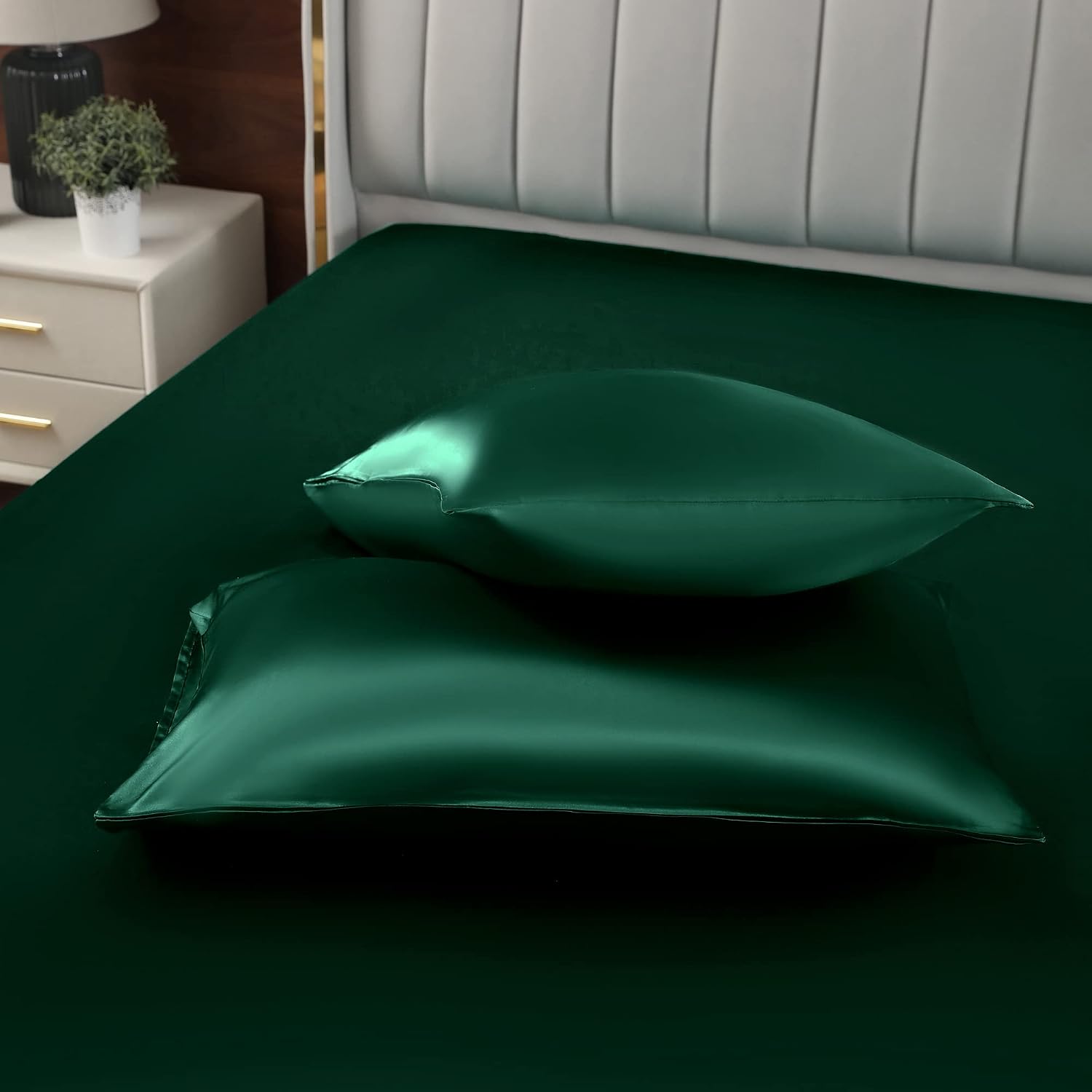 Homiest Blackish Green Queen Size Satin Pillowcase Set of 2, 20 x 30 Inch