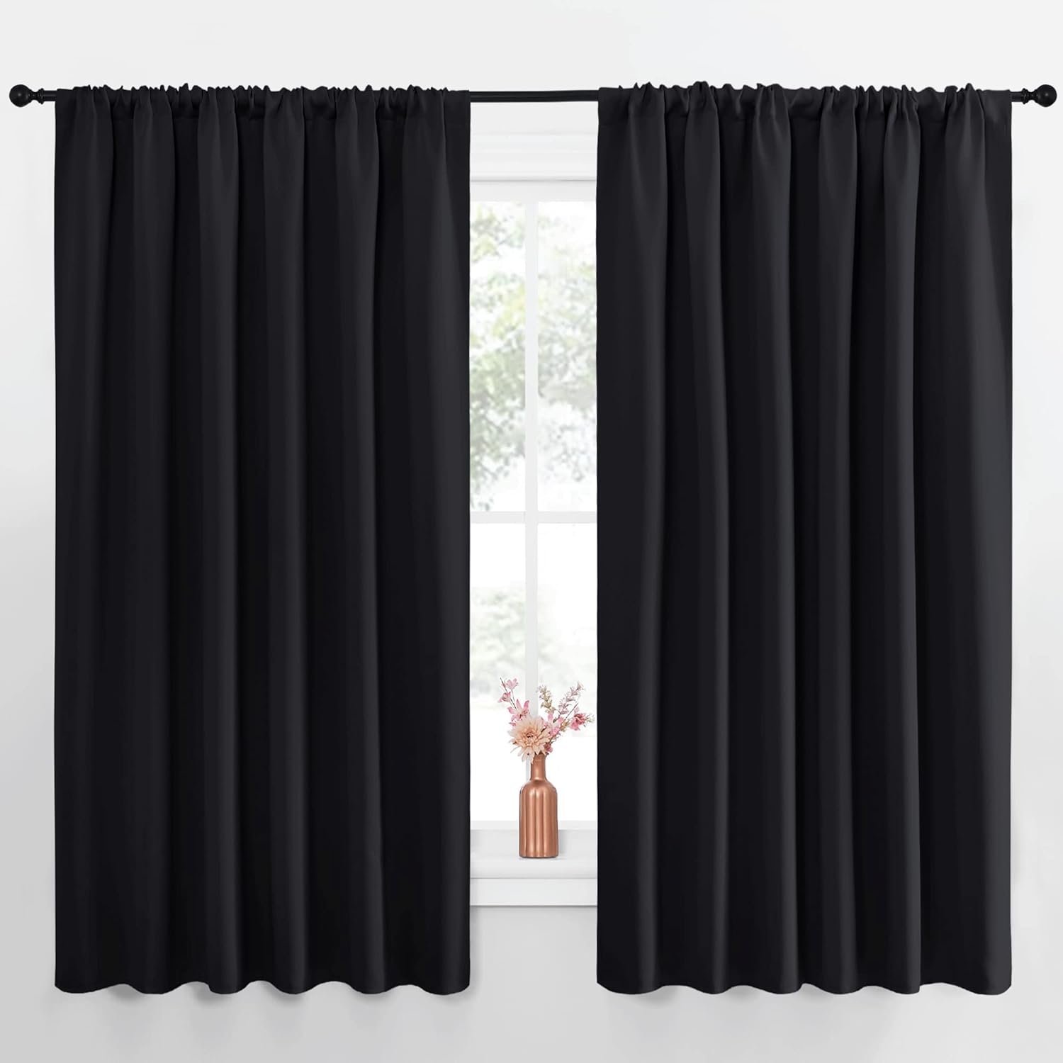 NICETOWN Black Blackout Curtain Blinds - Solid Thermal Insulated Window Treatment Blackout Drapes for Bedroom (2 Panels, 70 inches Wide…