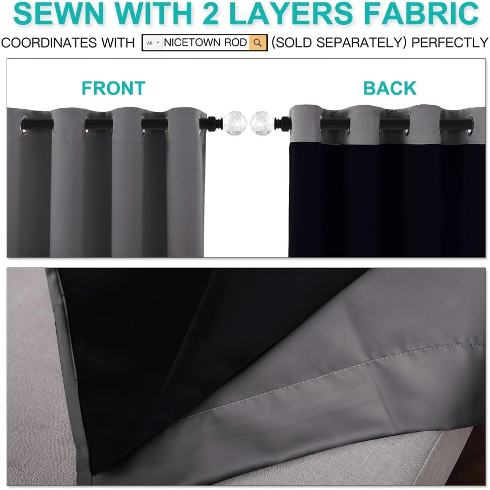 Nicetown 100% Blackout Curtains with Black Liners, Thermal Insulated Full Blackout 2-Layer Lined Drapes, Energy Efficiency Window Draperies…