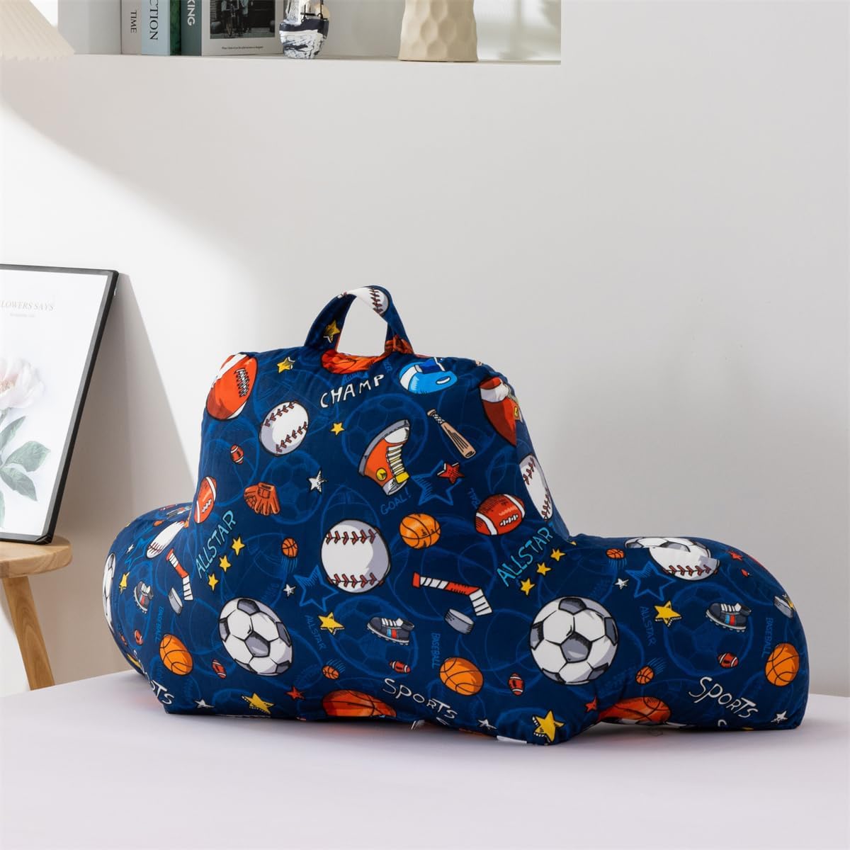 Ntbed Sport Ball Collection Printed Reading Pillow Bed Wedge Backrest with Arms, Couch TV Relax Bed Rest Pillow Back Support Cushion for Ki…