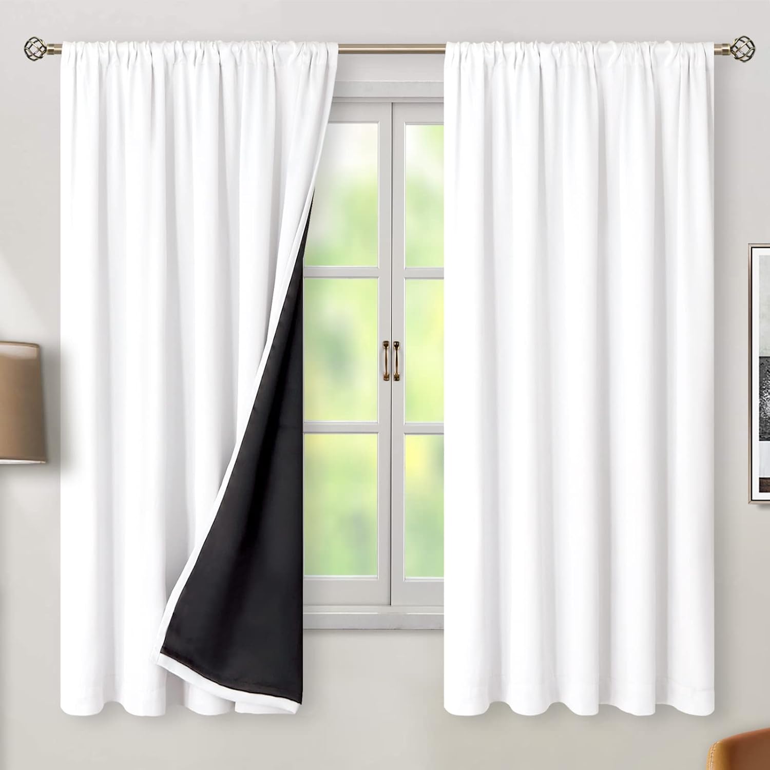 BGment Pure White 100% Blackout Curtains 63 Inches Long with Thermal Insulated Liner, Rod Pocket and Back Tab Double Layer Full Room…