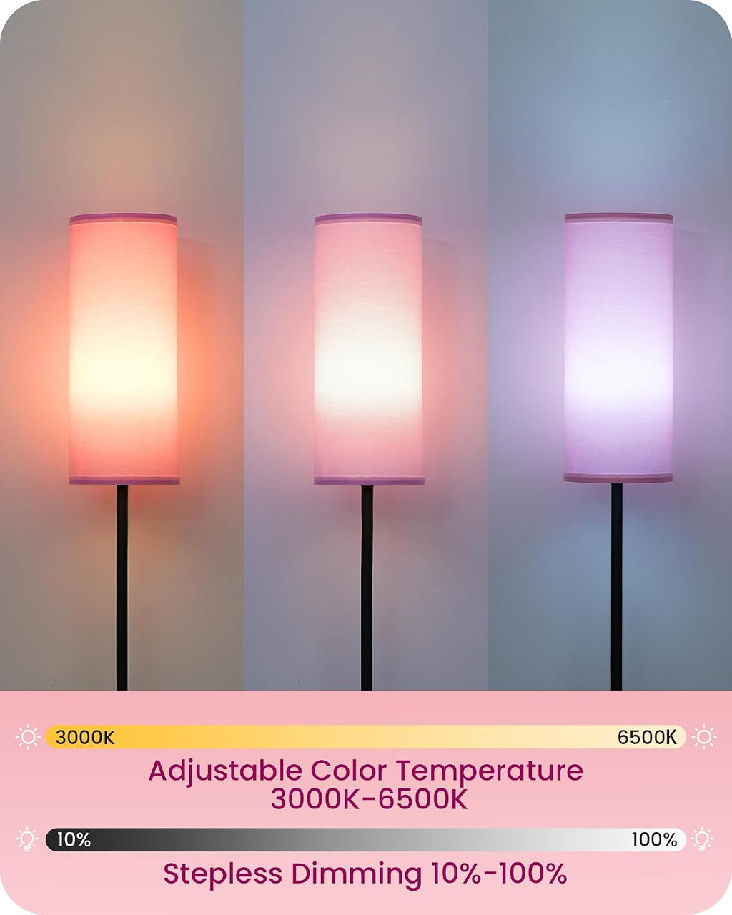 2 Pack Dimmable Pink Floor Lamps for Living Room with 2 Remotes and Foot Switch, Corner Floor Lamp, 64.4'' Standing Tall Lamp, 10W 900LM…