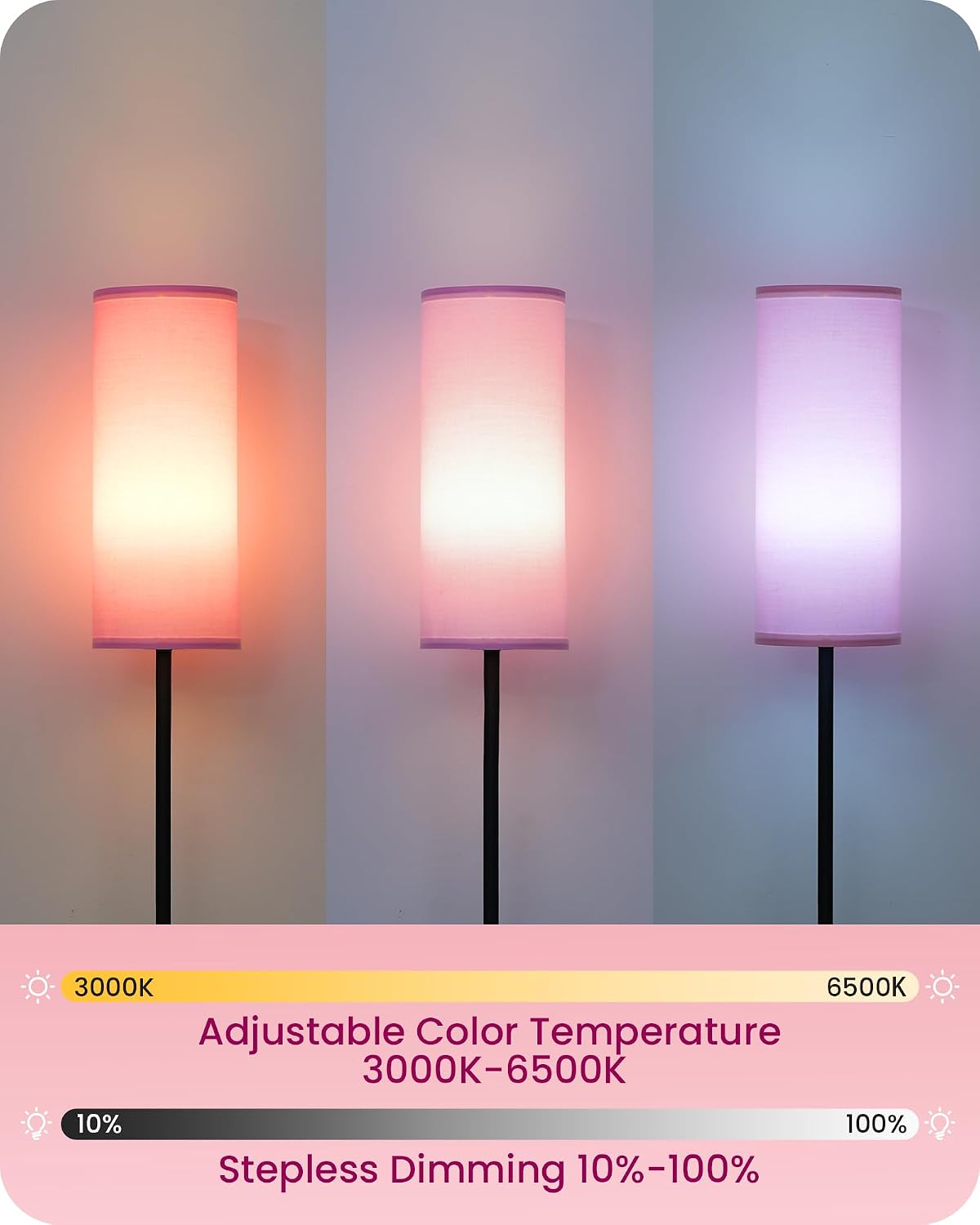 2 Pack Dimmable Pink Floor Lamps for Living Room with 2 Remotes and Foot Switch, Corner Floor Lamp, 64.4'' Standing Tall Lamp, 10W 900LM…