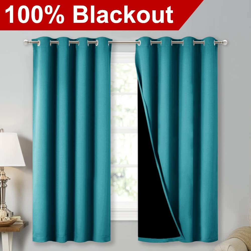 Nicetown Extra Long Truly Blackout Drapes for Hall and Villa, 46" Width Each Panel, 45" Length, Peacock Teal, 2 Pieces, 100% Blackout Windo…