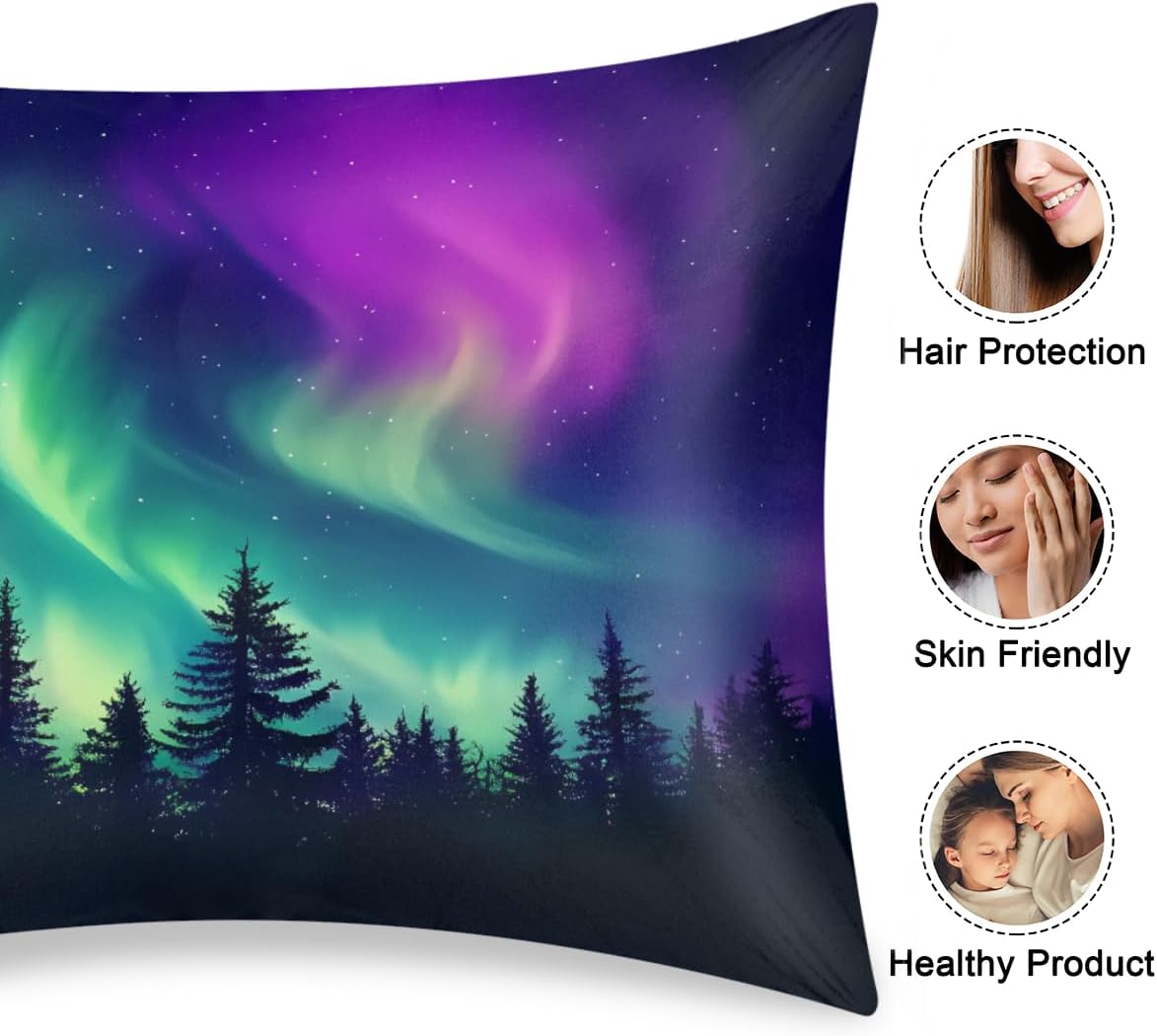Satin Pillowcase for Hair and Skin, Queen Size Northern Light Aurora Decorative Pillow Sham with Envelope Closure Pillow Cover for…