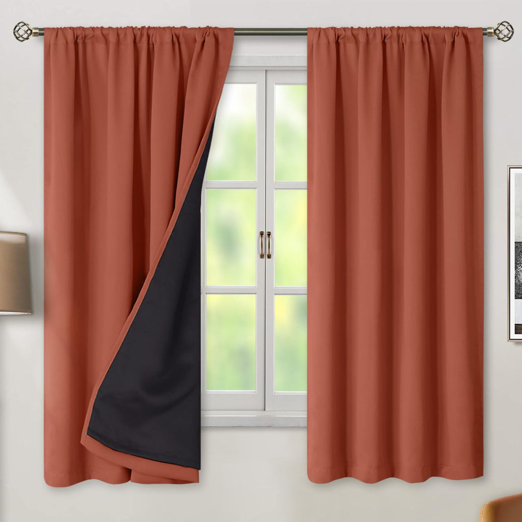 BGment Terracotta 100% Blackout Curtains 63 Inch Length with Noise Reducing Liner, Thermal Insulated Double Layer Room Darkening Rod…