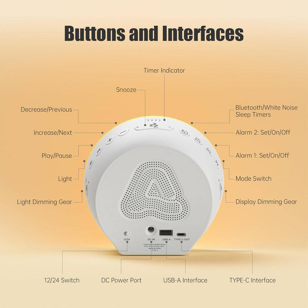 Alarm Clock Sound Machine Sleeping, Sunrise Digital Alarm Clocks Bedrooms, Loud Bluetooth Speaker Alarms Clock 23 White Noise Dual Alarms…