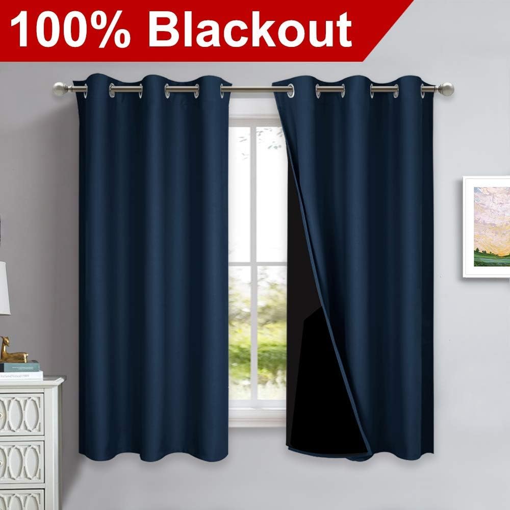 Nicetown 100% Blackout Short Curtain Panels, Thermal Insulated Black Liner Curtains for Nursery Room, Noise Reducing and Cold Blocking Drap…