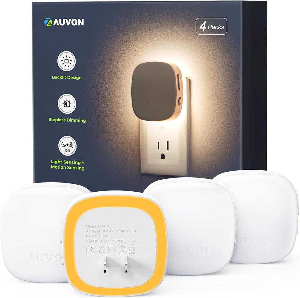 AUVON Plug-in LED Backlit Night Light with Motion Sensor & Dusk to Dawn Sensor, Dimmable Amber Nightlight with 1-50 lm Adjustable…