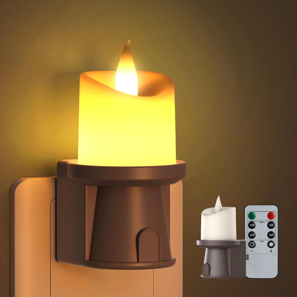 2-in-1 Plug in Night Light (1 Pack) - Dual Mode: Dusk to Dawn Sensor OR Remote Timer - Dimmable Electric Candle Wall Sconce for Farmhouse…