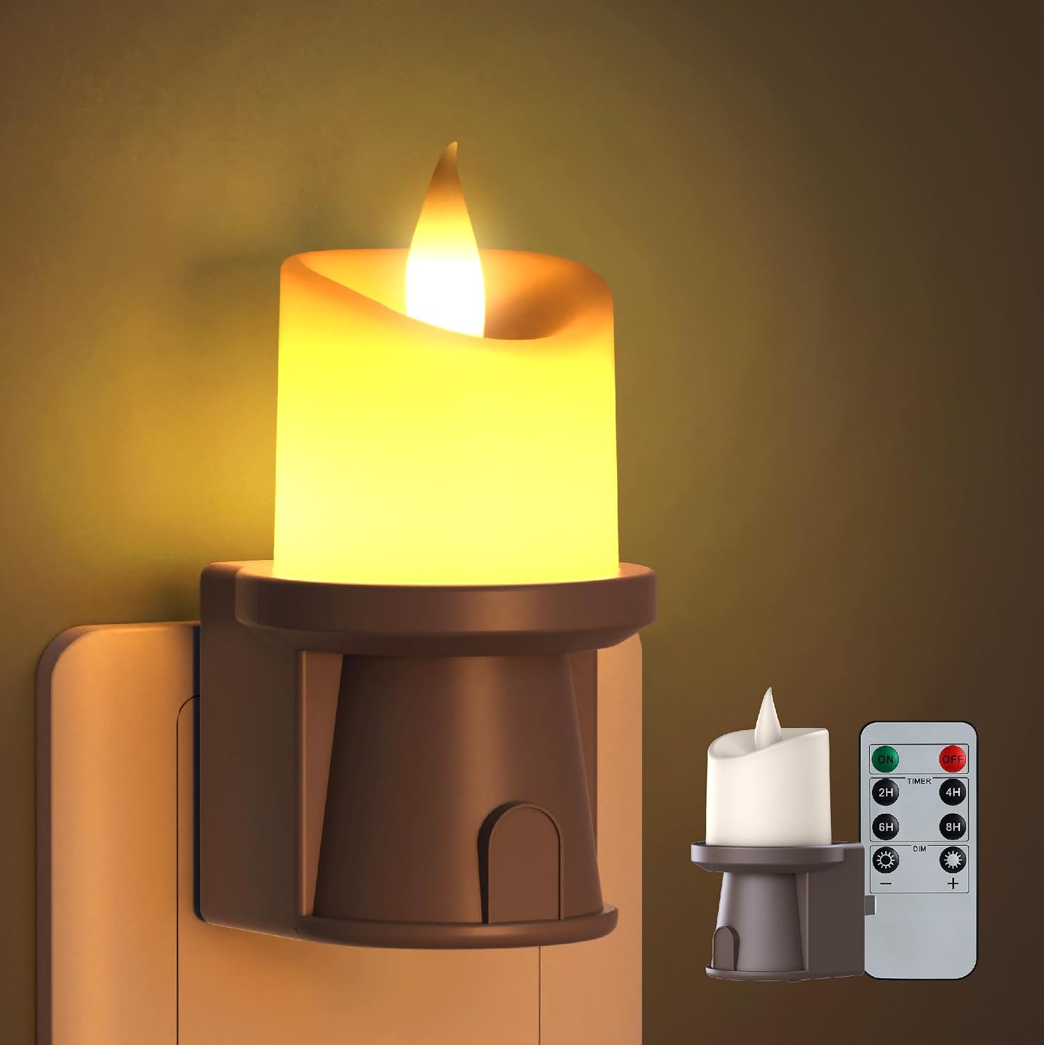 2-in-1 Plug in Night Light (1 Pack) - Dual Mode: Dusk to Dawn Sensor OR Remote Timer - Dimmable Electric Candle Wall Sconce for Farmhouse…