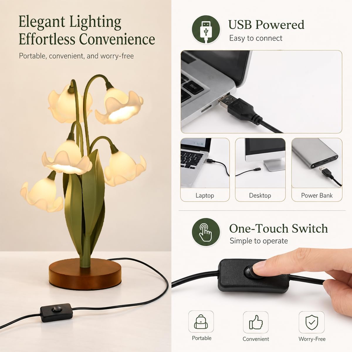 Flower Table Lamp for Bedroom, Cute Reading Light with 5 White Magnolia Flower of The Valley, Desk Lamp Bedside Lamps for Nightstands…