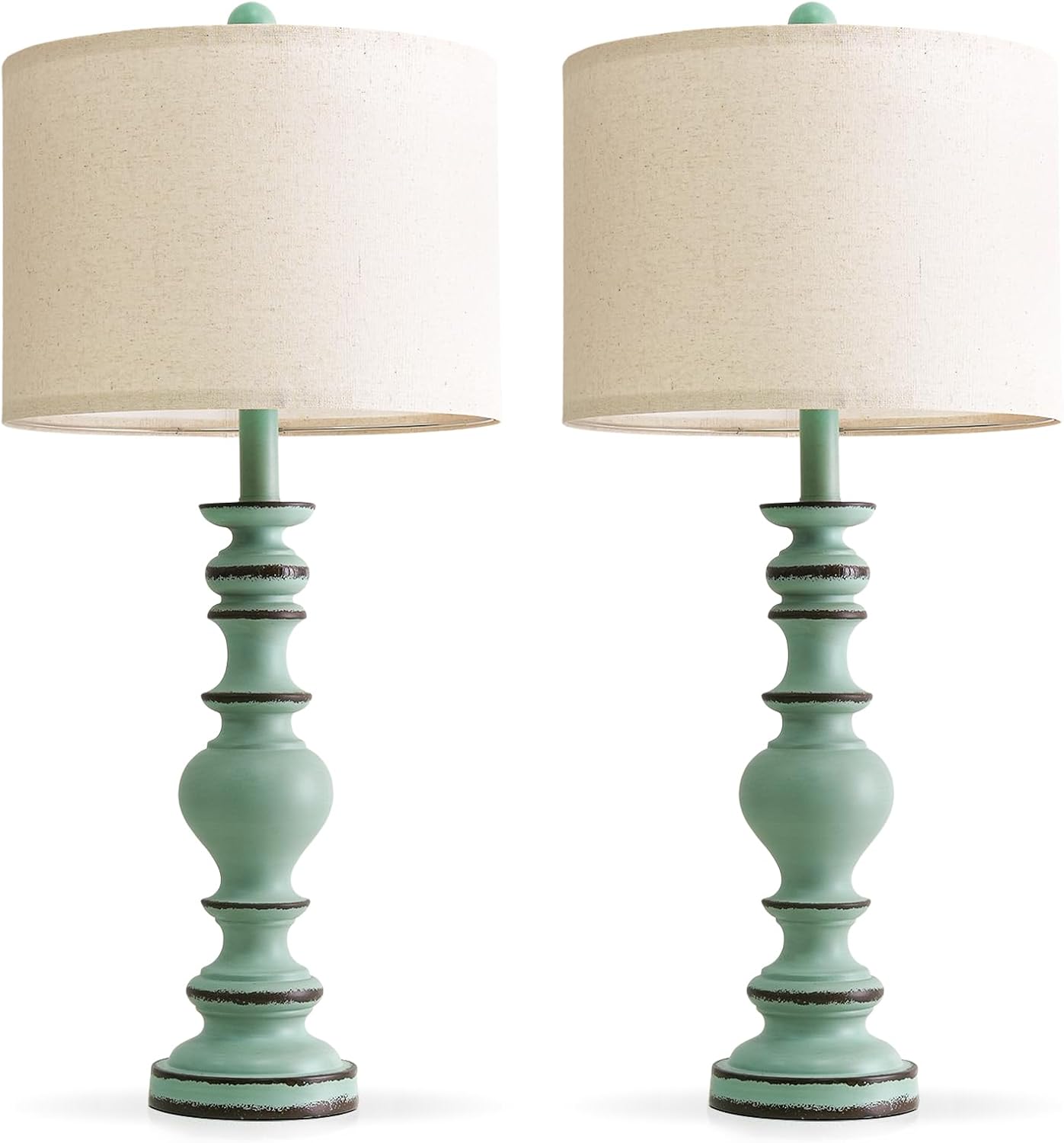 BOBOMOMO 27" Distressed Teal Table Lamps Set of 2, Large Coastal Farmhouse Resin Lamps with Linen Shades, Blue Green Lamps for Living…