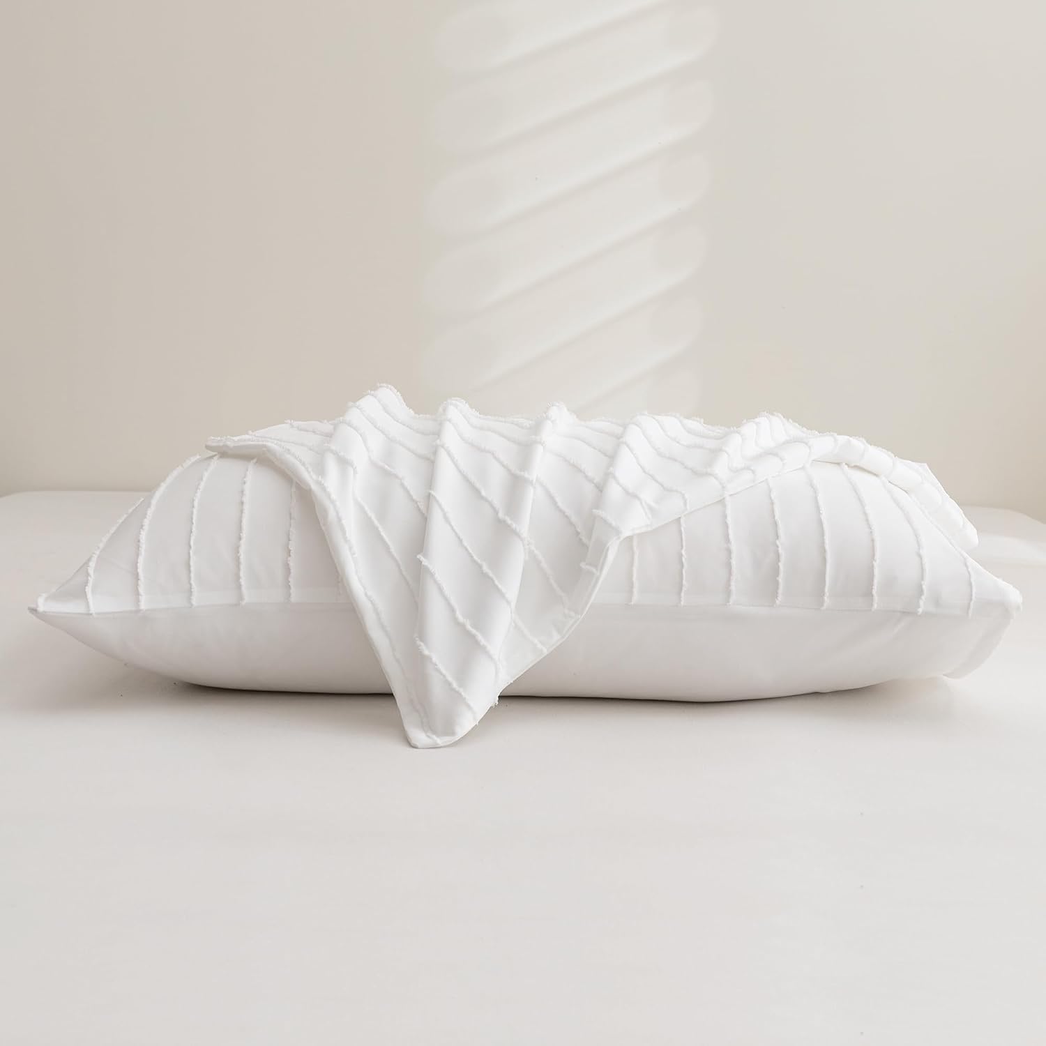 Jellymoni 2 Pack White Pillowcases Standard Size, Soft Microfiber Striped Tufted Pillow Covers with Envelope Closure (Pillows are not Inclu…