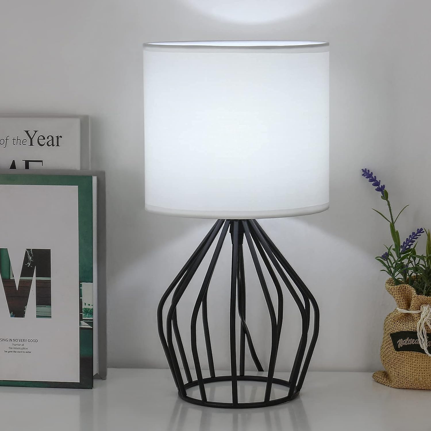HAITRAL Modern Bedside Table Lamp - Minimalist Small Lamp with Hollowed Out Base Linen Fabric Shade, Metal Nightstand Lamp for Bedroom…