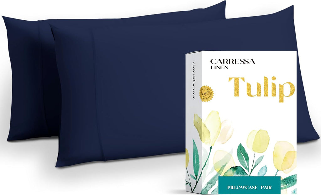 Carressa Linen Luxury Egyptian Cotton King Pillow Cases Set of 2-800 Series Tulips Collection Pillowcases for Sleeping (Navy Blue), Soft…