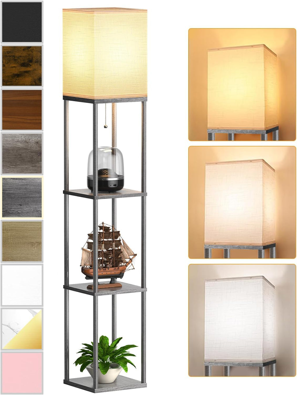Floor Lamp with Shelves for Living Room, Shelf Floor Lamp with 3 CCT LED Bulb, Corner Display Standing Column Lamp Etagere Organizer…