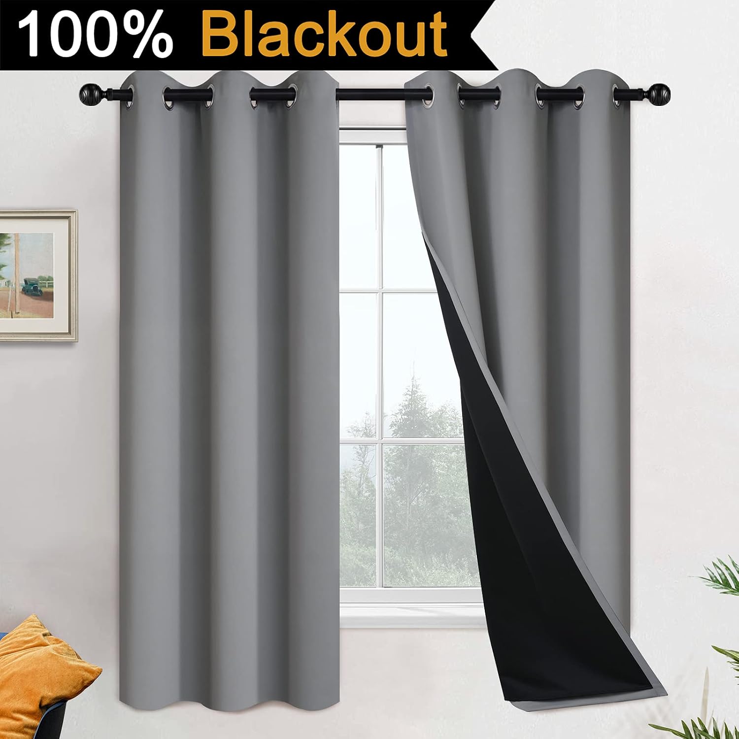 Yakamok 63 Inch Length 100% Blackout Curtains for Bedroom, 2 Thick Layers Thermal Insulated Grommet Total Blackout Drapes with Black Liner…
