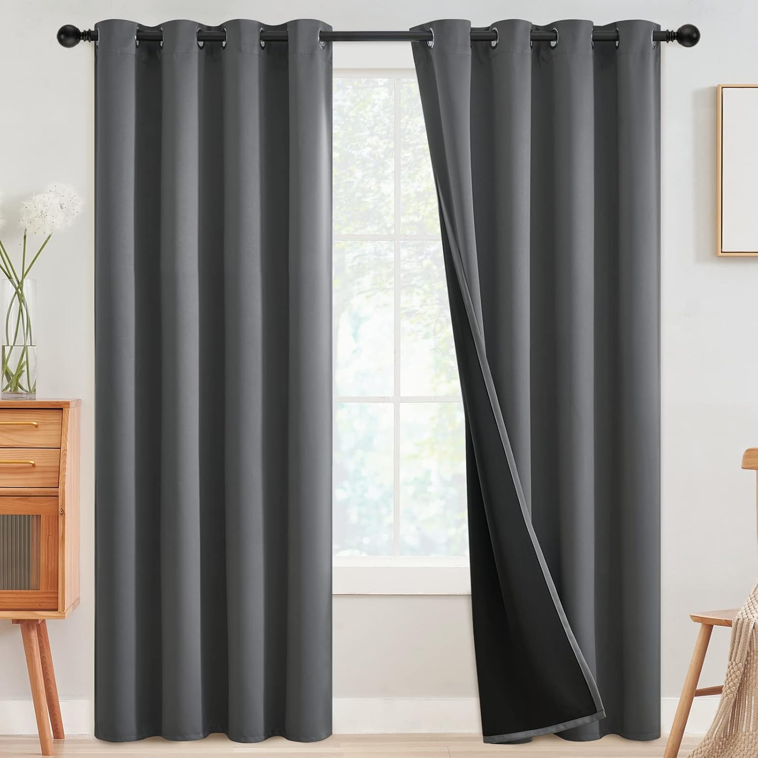 SimpleHome 100% Blackout Curtains for Bedroom, Thermal Insulated Grommet Window Drapes Room Darkening Grey Curtains for Living Room with Bla…