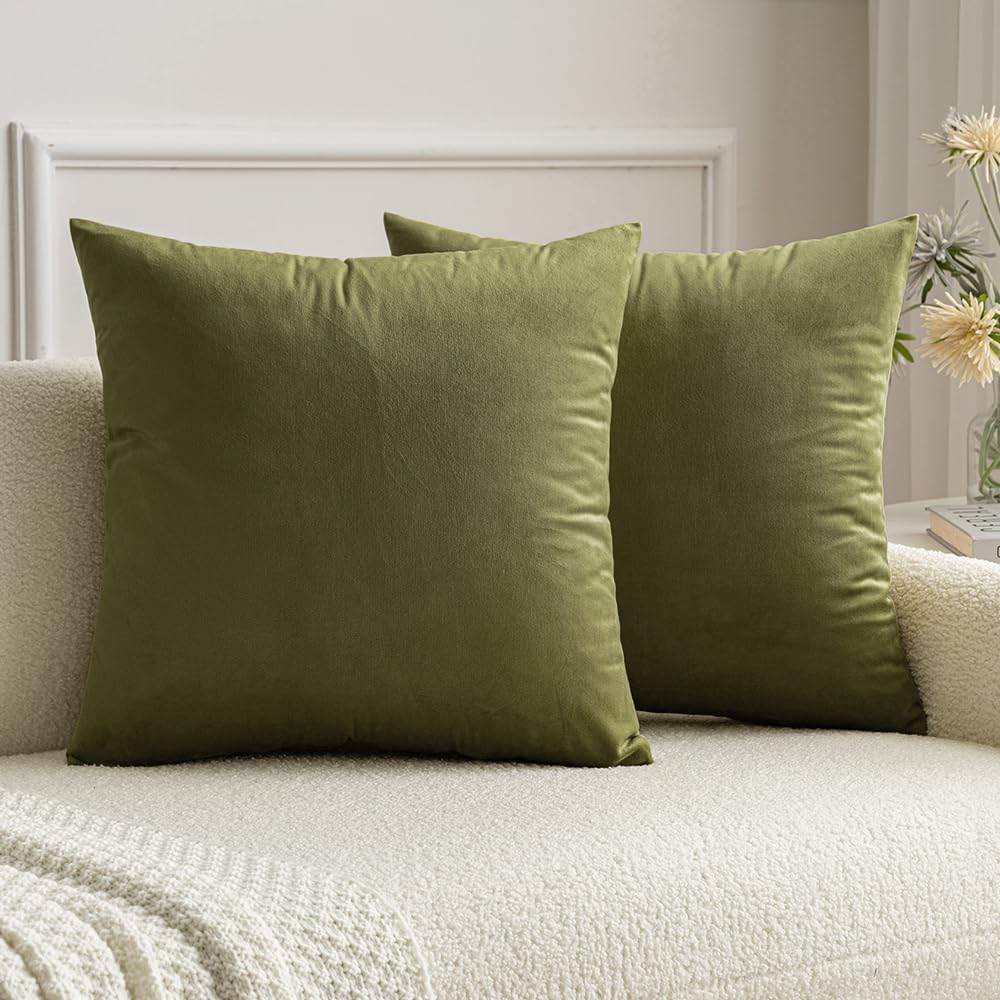 Miulee 24x24 Inch Euro Sham Velvet Pillow Covers, Set of 2 Large Square Decorative Pillows -Olive Green Super Soft for King Bed, Sofa, Couc…