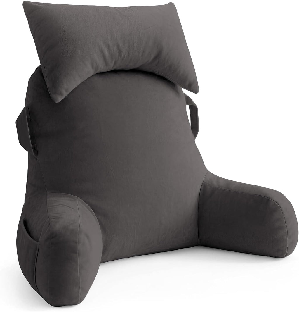 Unisakey Portable Reading Pillows with Headrest for Bed Sitting Up(Light Grey Oeko-Tex), Velvet Back Pillow with Arms & Pockets for…