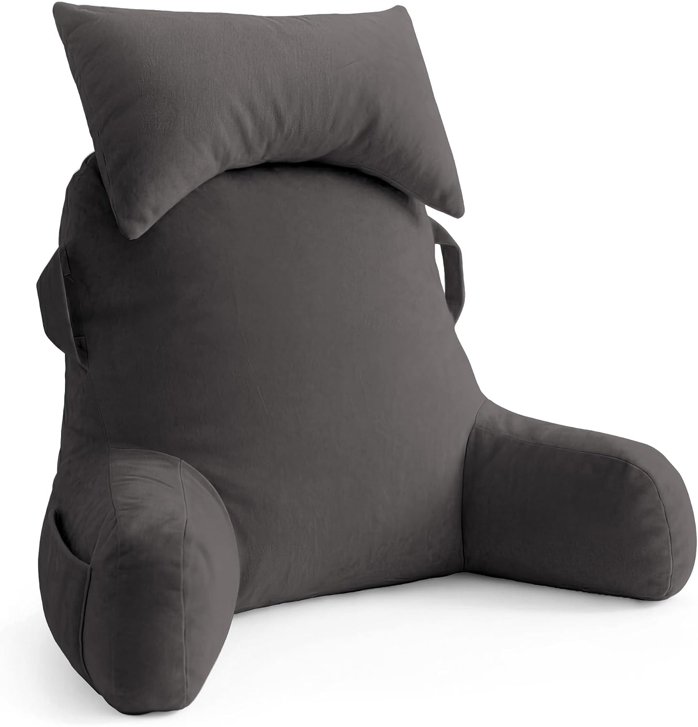 Unisakey Portable Reading Pillows with Headrest for Bed Sitting Up(Light Grey Oeko-Tex), Velvet Back Pillow with Arms & Pockets for…