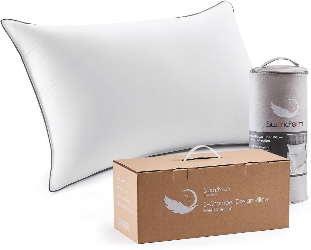 Swandream Goose Feather and Down Bed Pillow Standard Size Single Pack, Luxury 3-Chamber Pillows with Soft & Down-Proof Cover, Fluffy Plush…