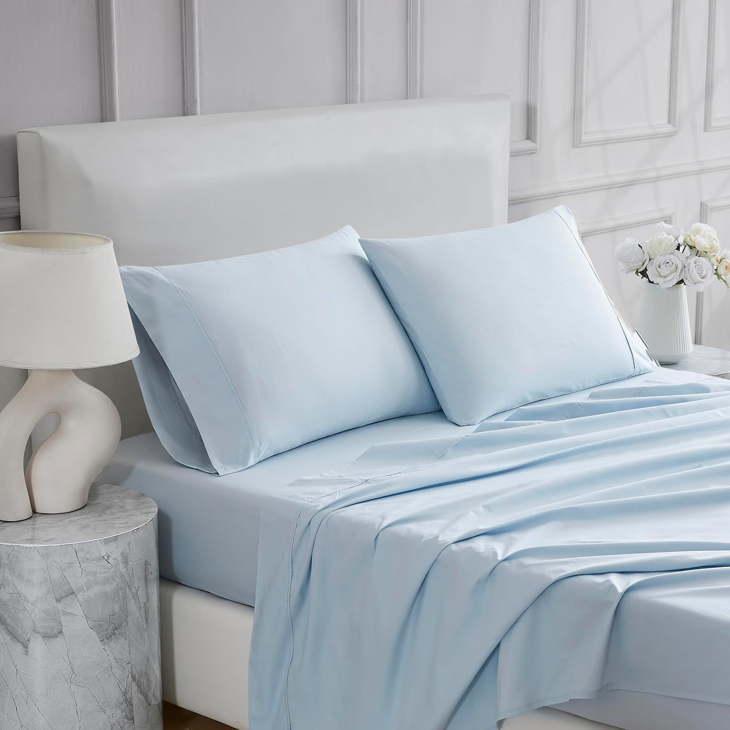 Linen Closet 4 Pcs 100% Cotton Queen Sheet Set, Light Blue, 400 Thread Count, Percale Weave, Deep Pocket Fitted Sheet, Fits Up To 18"…