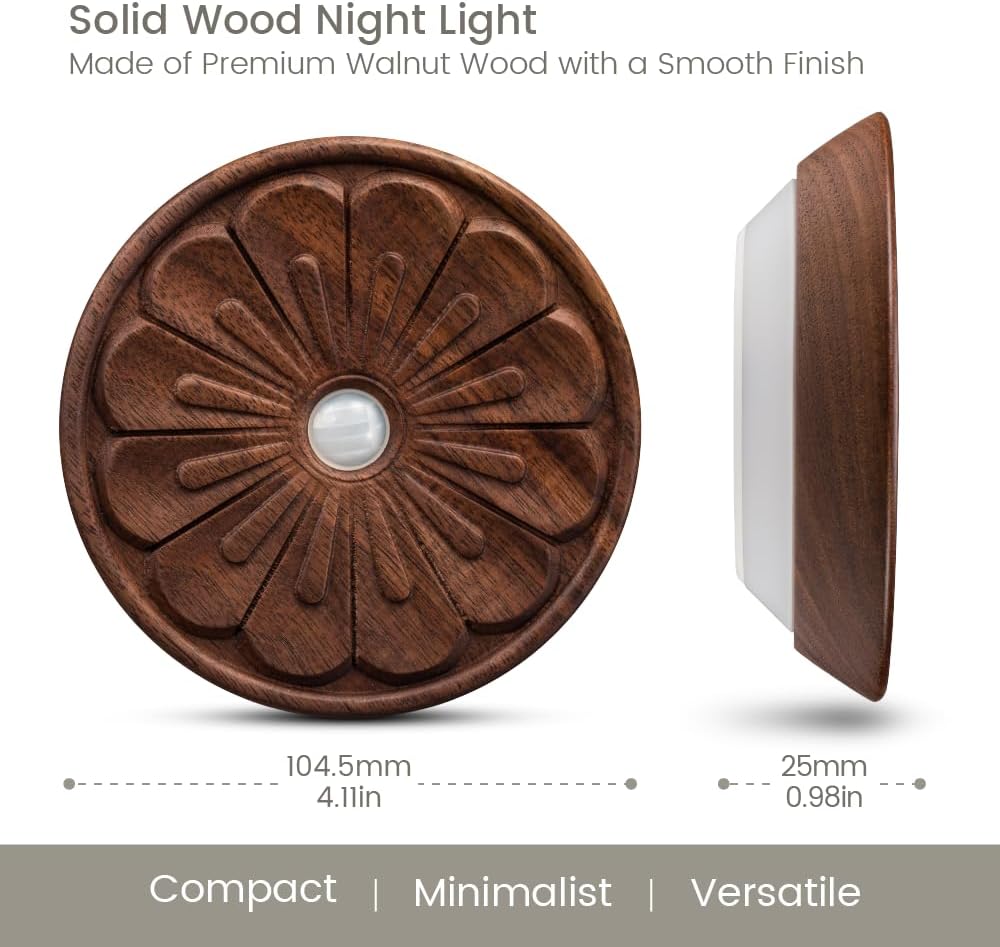 Wood Flower Motion Sensor Night Light, Mini Lamp with Embossed 3D Floral Surface, Rechargeable Warm Light, Stick-On Magnetic Mount for…