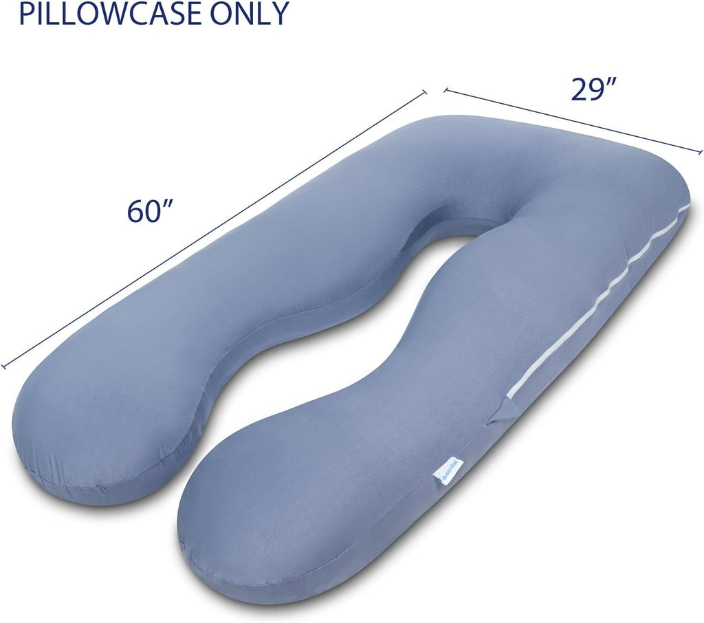 Queenrose QUEEN ROSE U Shaped Pregnancy Body Pillow Replacement Cover, 60 Inch Solid Maternity Pillowcase, Cooling Silky Jersey, Blue, Cove…