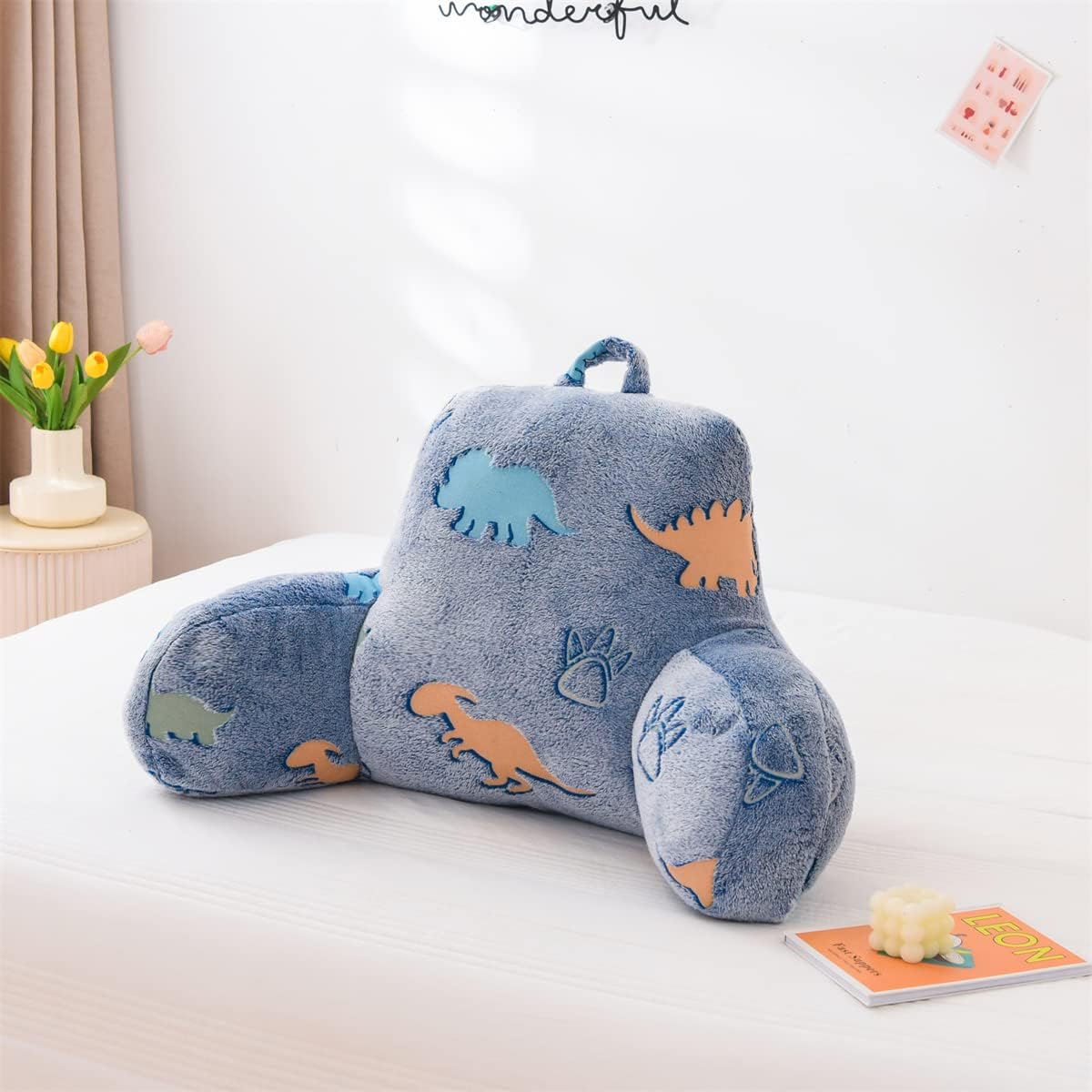 Holawakaka Glow in The Dark Reading Pillow for Sitting up in Bed Sofa Kids Teens, Luminous Dinosaurs Backrest Pillow with Arms, Boys…