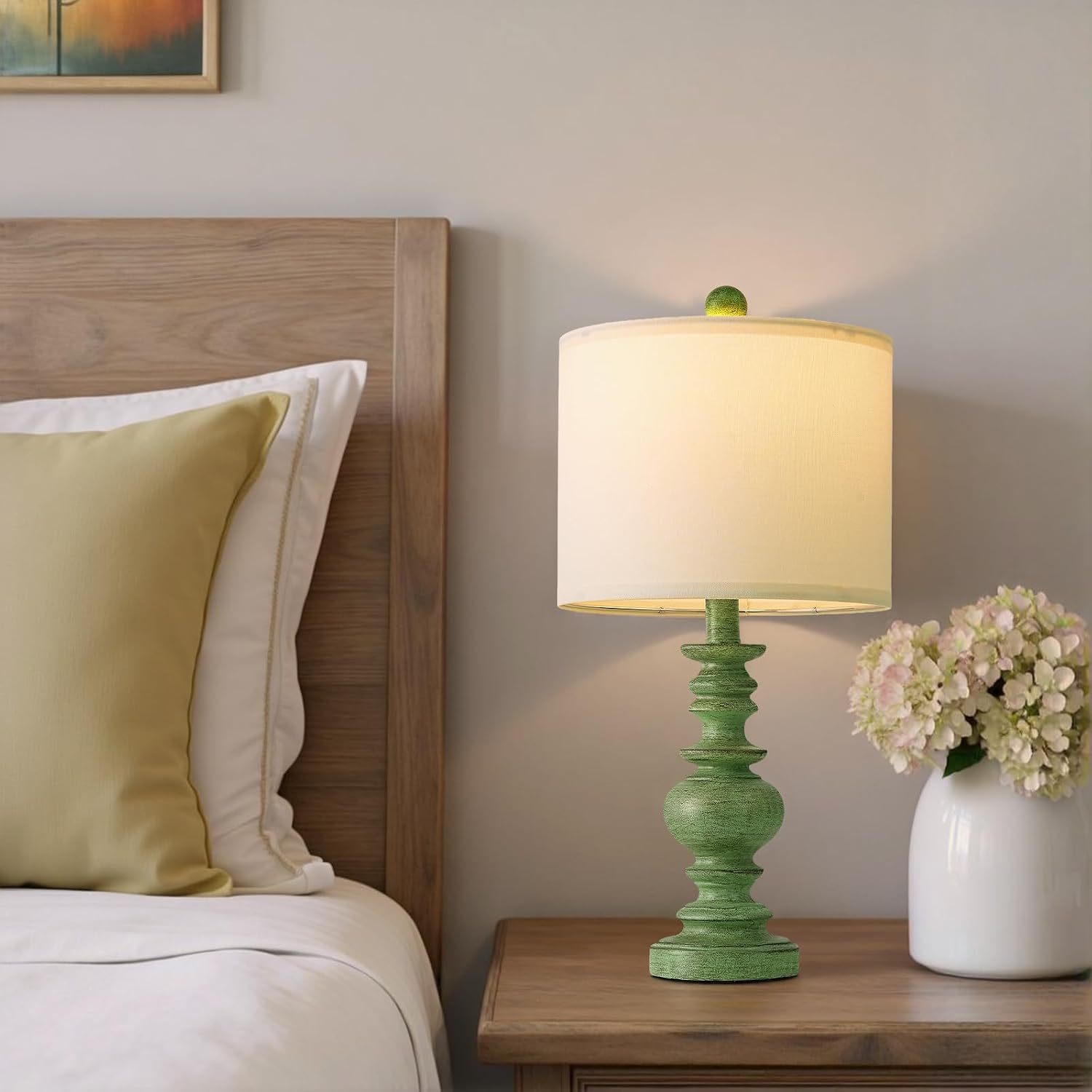 BOBOMOMO 20" Sage Green Table Lamps Set of 2 – Farmhouse Resin Bedside Lamps with Linen Shades, Handcrafted Traditional Rustic Lamp for…