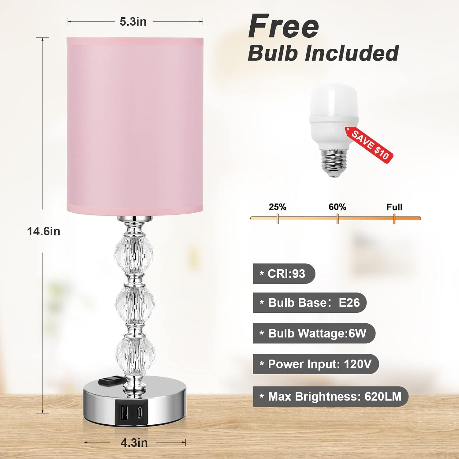 Pink Touch Bedside Lamps for Bedrooms - Crystal Table Lamp with USB C+A Charging Port and AC Outlet Nightstand, 3 Way Dimmable Silver…