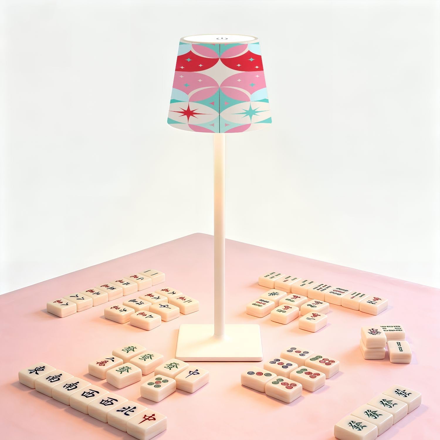 Cordless Mahjong Lamp Geometric Retro Circles Starbursts Soft Pink Coral Teal Color Small LED Lamp 3 Color Dimmable Rechargeable Lamps…