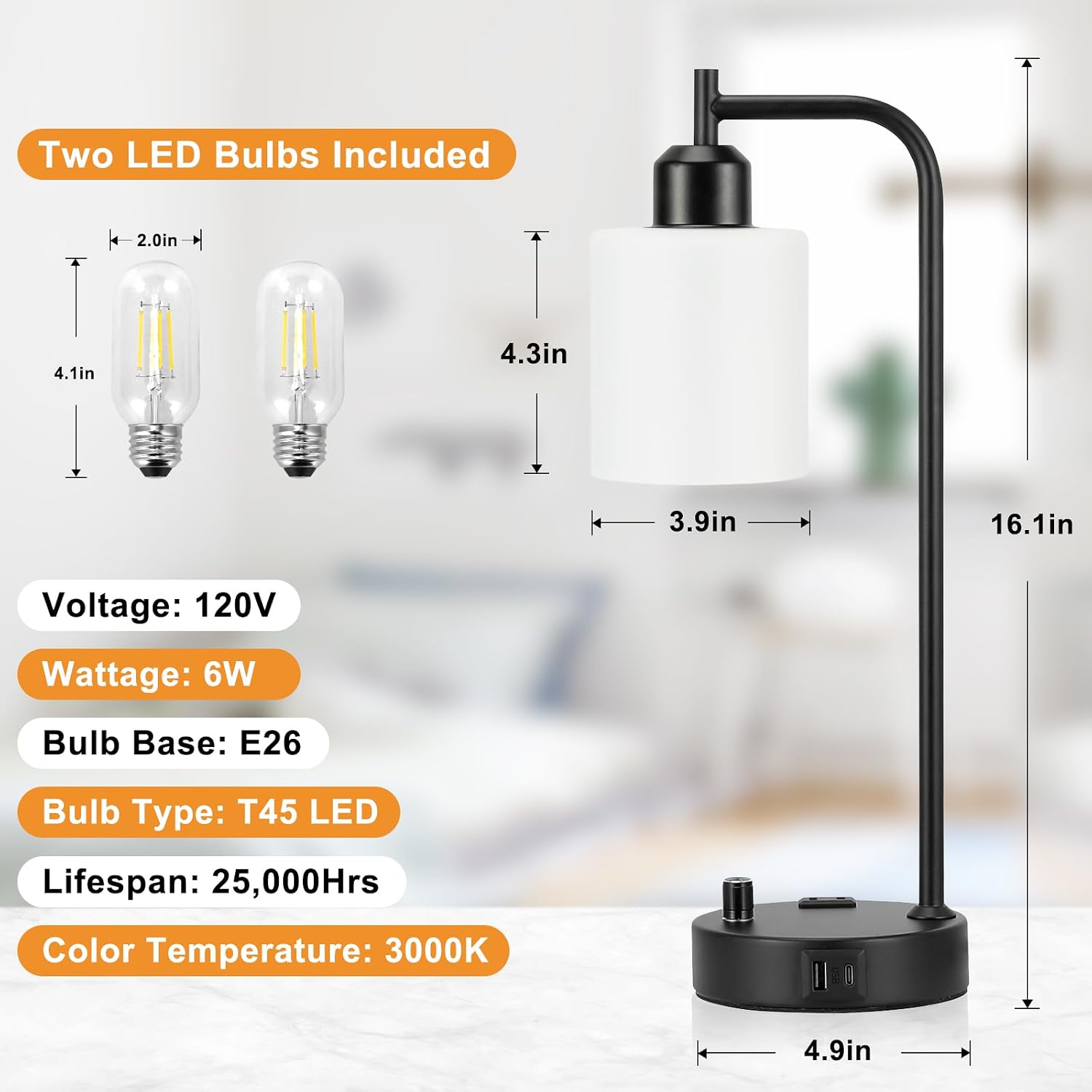 Industrial Bedroom Lamps for Nightstand Set of 2 - Fully Dimmable Bedside Lamps with USB A C Ports and Outlet, Black Table Lamps with…