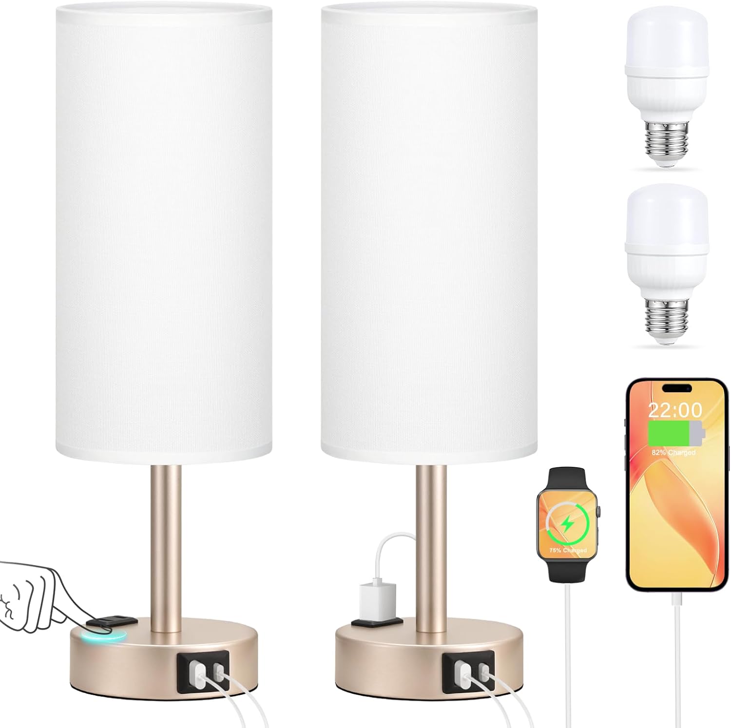 Touch Bedside Table Lamps Set - 3 Way Dimmable Bedroom Lamps Set of 2 with USB C and A Ports, Small Lamps for Nightstand with AC Outlet…