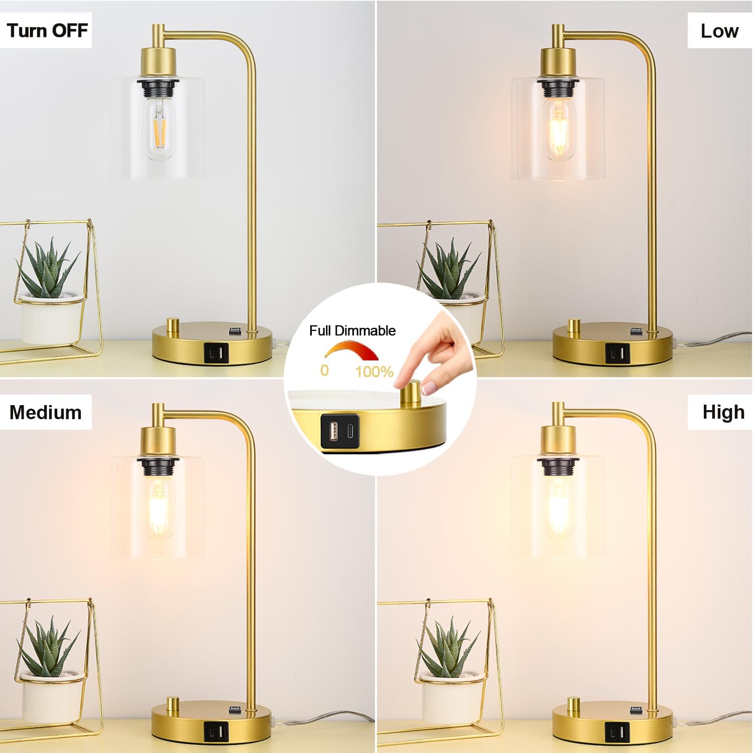 Gold Industrial Table Lamp with USB A+C Ports & Outlet, Fully Stepless Dimmable Modern Nightstand Lamp, Glass Shade Bedside Desk Lamp for…
