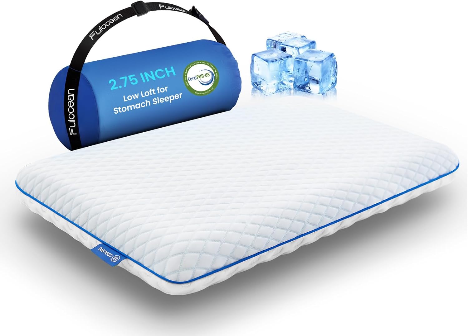 Fulocean Ultra Cooling Pillow for Stomach and Back Sleepers 2.75 Inch, Support Gel Memory Foam Pillow for Neck Shoulder, Low Loft Thi…