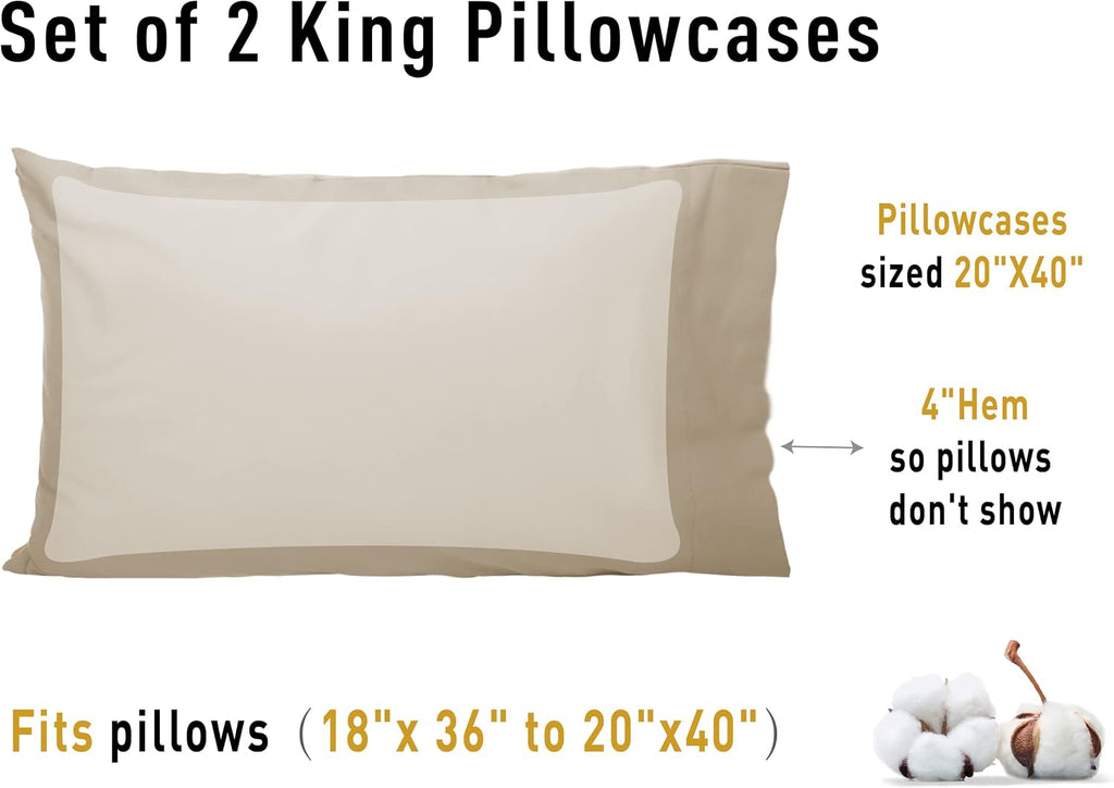 Sunflower King Pillowcases Set of 2, 100% Cotton King Size Pillow Cases 2, 20×40 inches Light Brown, Soft and Breathable