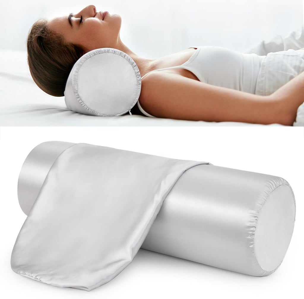 Noverlife 2 Pack Round Neck Pillow Case Covers, 18x6 in Neck Roll Satin Pillowcase Silky Bolster Pillow Cover Grey Cervical Pillow Cover…